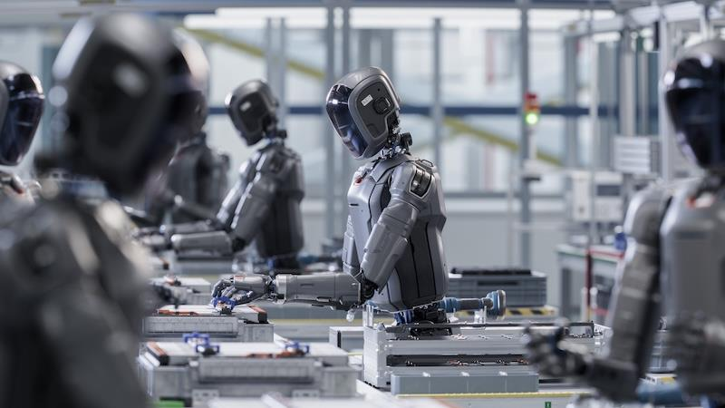 Humanoid robots on an automated factory line